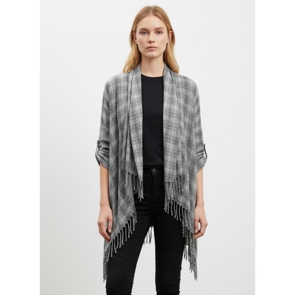 Billabong Womens Grey Plaid Draped Open Front Fringe Cardigan Roll Tab Sleeve S
